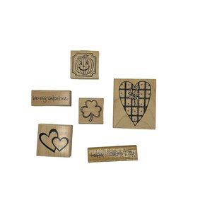 Lot of 6 wooden rubber stamps Valentine's Halloween‎ St. Patrick